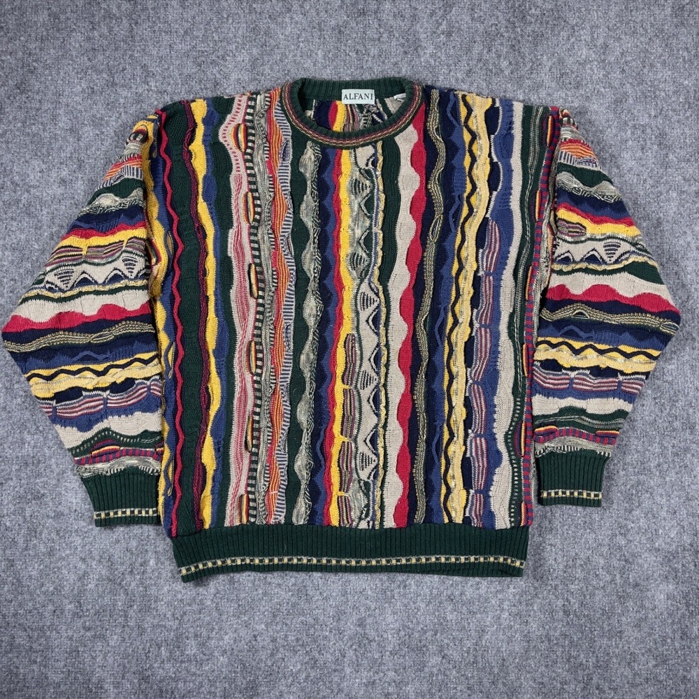 Alfani 3D Knit Sweater Mens Large Multi Color Coogi Style Vertical Stripe Retro